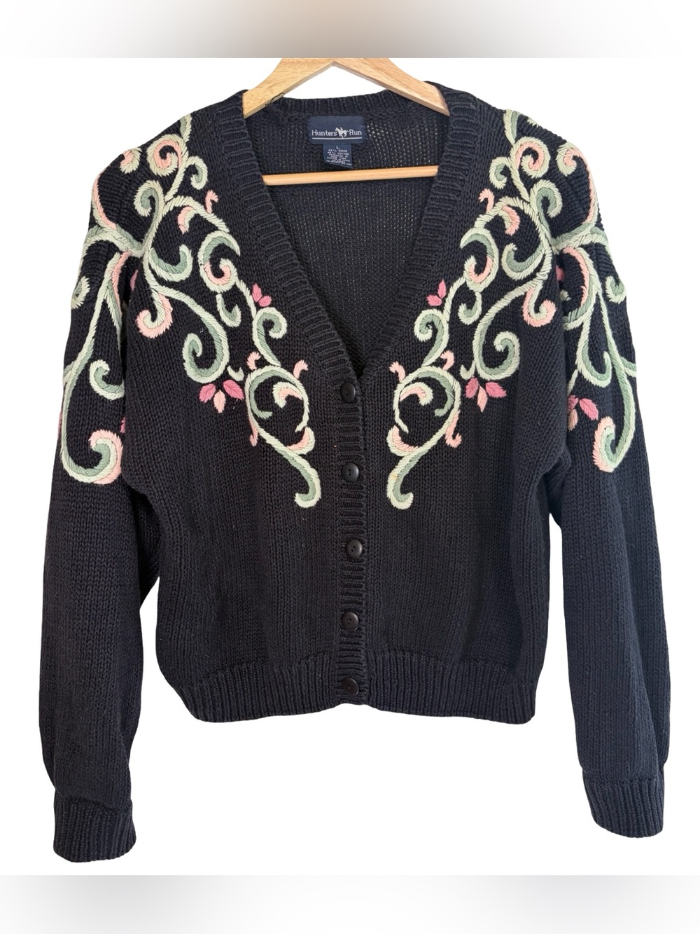 Hunters Run Black V-Neck Cardigan Sweater with Pink & Green Embroidery